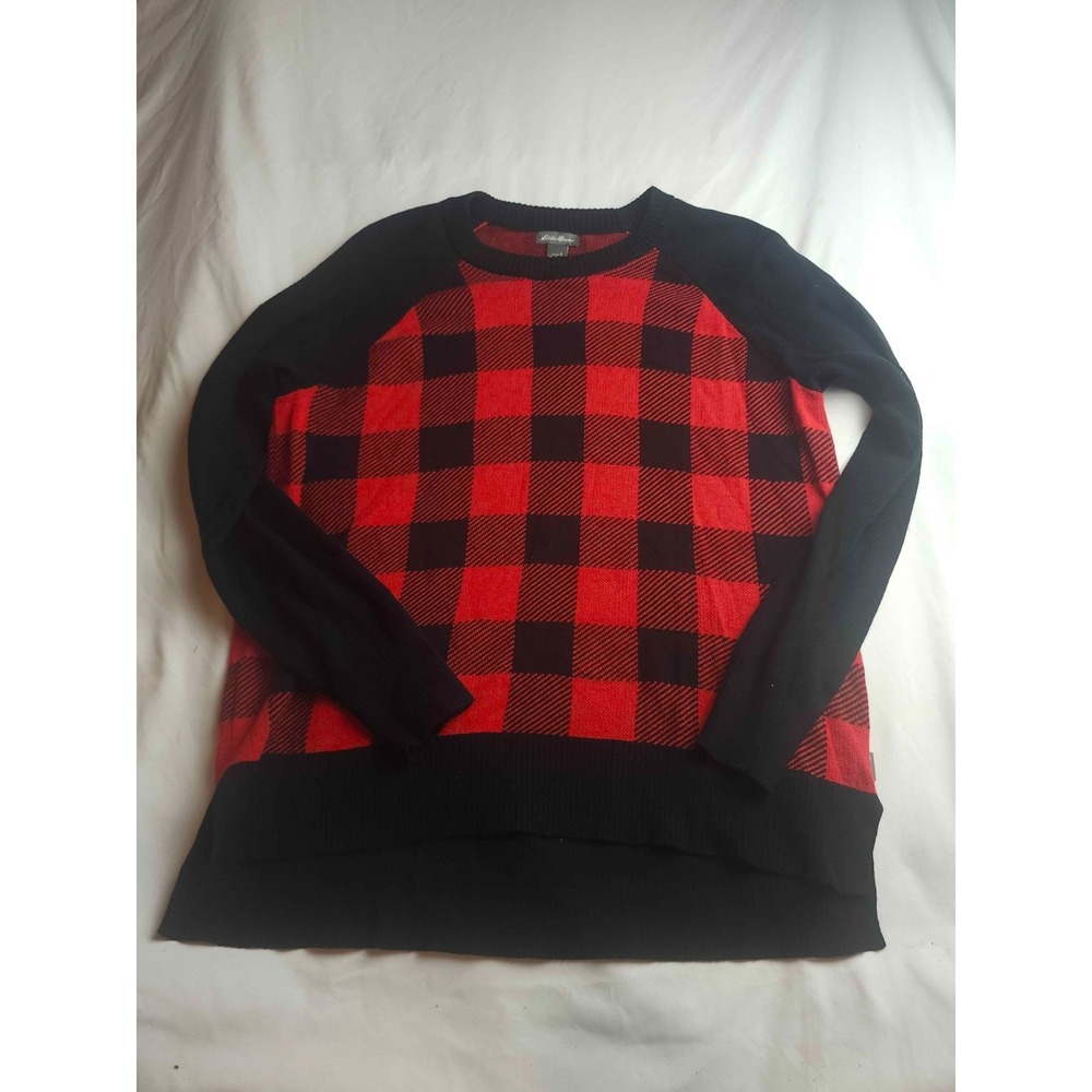 Eddie Bauer Sweater Womens S Red Black Buffalo Plaid Knit Pullover Long Sleeve